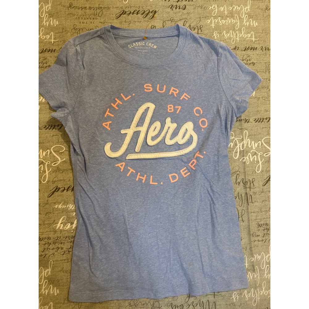 Aeropostale Classic Crew Blue Heather Graphic Tee Chenille Aero Logo Large